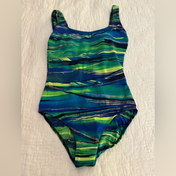 Vintage Longitude Swimsuit Blue/Green cross back. Size 10 - Picture 3 of 12